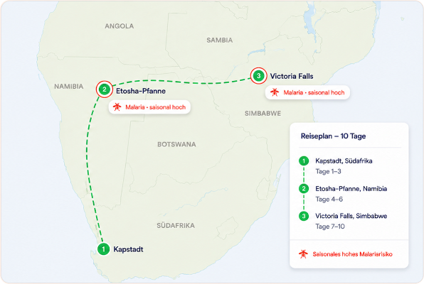 Reiseplan über 10 Tage: Kapstadt, Etosha-Pfanne und Victoria Falls – mit saisonal hohem Malariarisiko in Namibia und Simbabwe