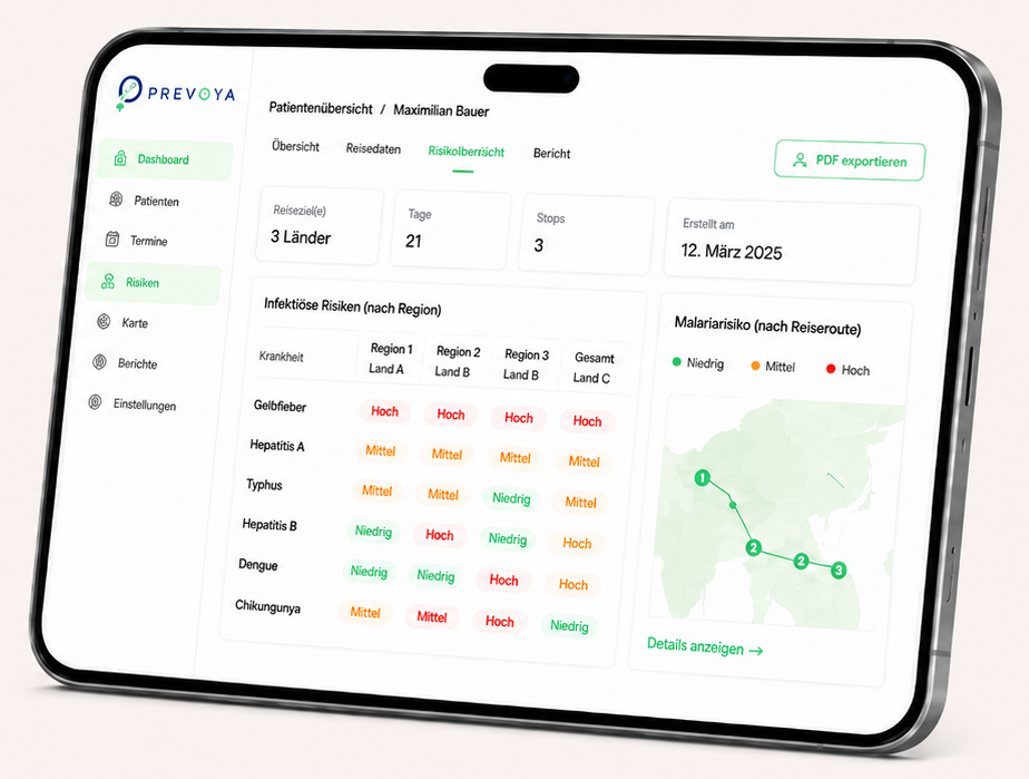 PREVOYA Disease Risk Hub auf dem Tablet: Risikobericht mit infektiösen Risiken nach Region, Malariarisiko entlang der Reiseroute und PDF-Export
